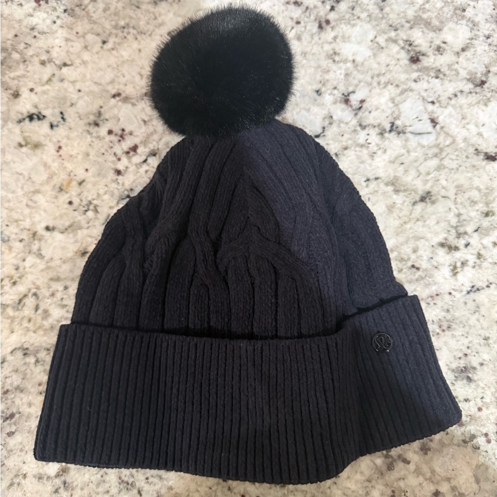 Lululemon Athletica Black Cable Knit Beanie with Pompom